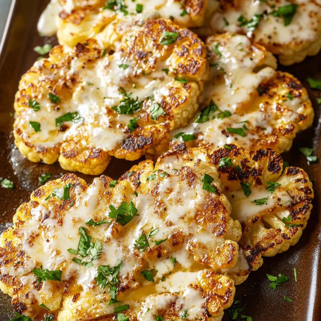 Close-up Cheesy Cauliflower Steaks Recipe