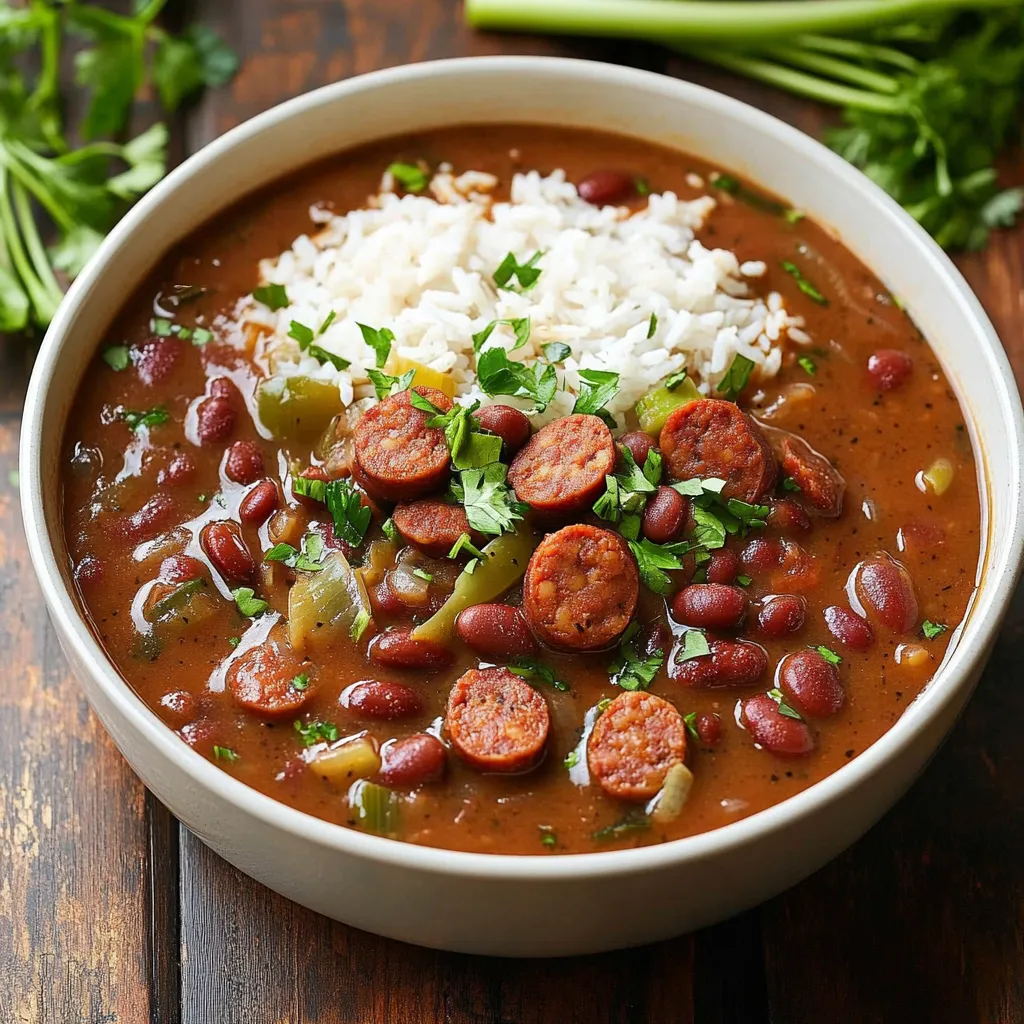 A delicious bowl of Andouille sausage with red beans and rice.