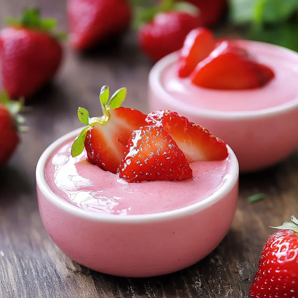 Two small bowls filled with light pink mousse sit on a rustic wooden surface.
