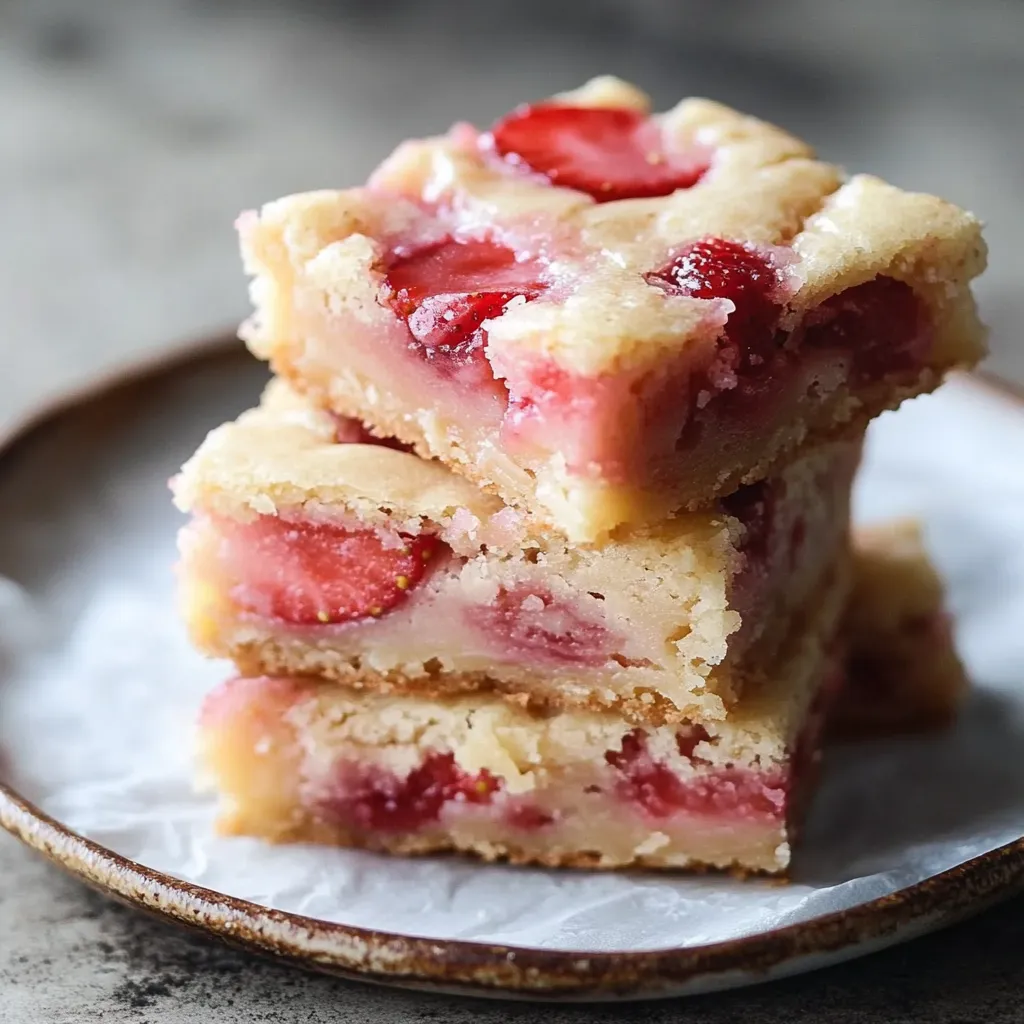 Stacked bars with strawberries and lemon glaze on a plate.