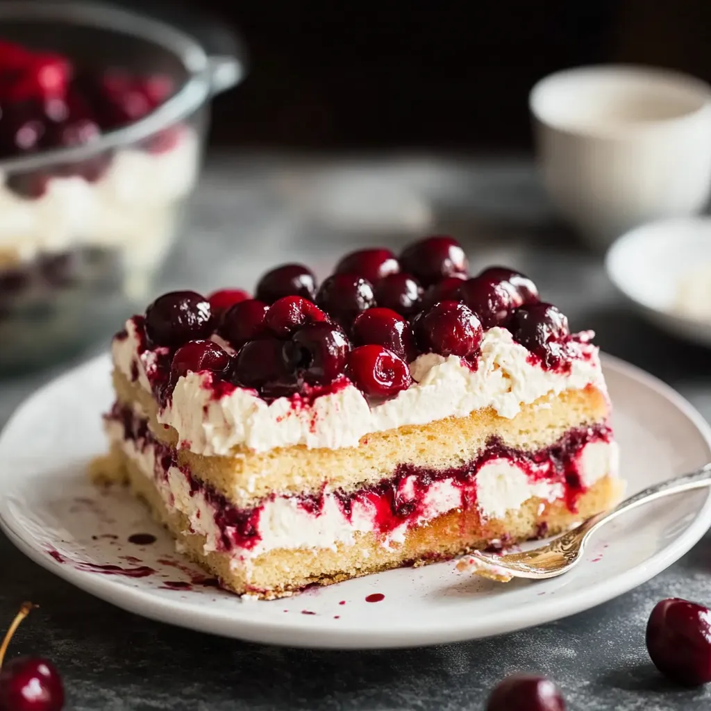 A plated slice of layered cake topped with cherries.