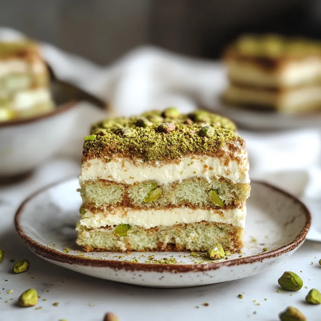 A plate with a pastel-colored cake slice topped with pistachios.
