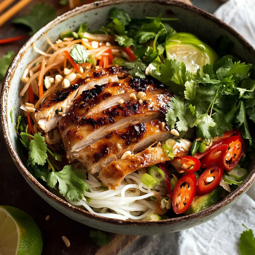 A delicious bowl with noodles, chicken, and veggies.