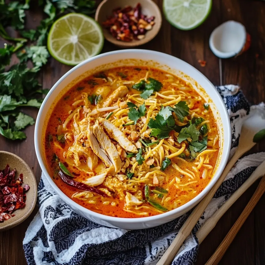 A comforting chicken and noodle soup bowl topped with veggies.