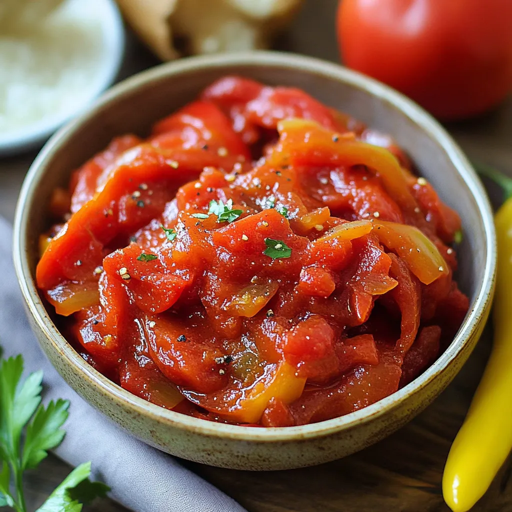 A dish with cooked peppers in tomato sauce.