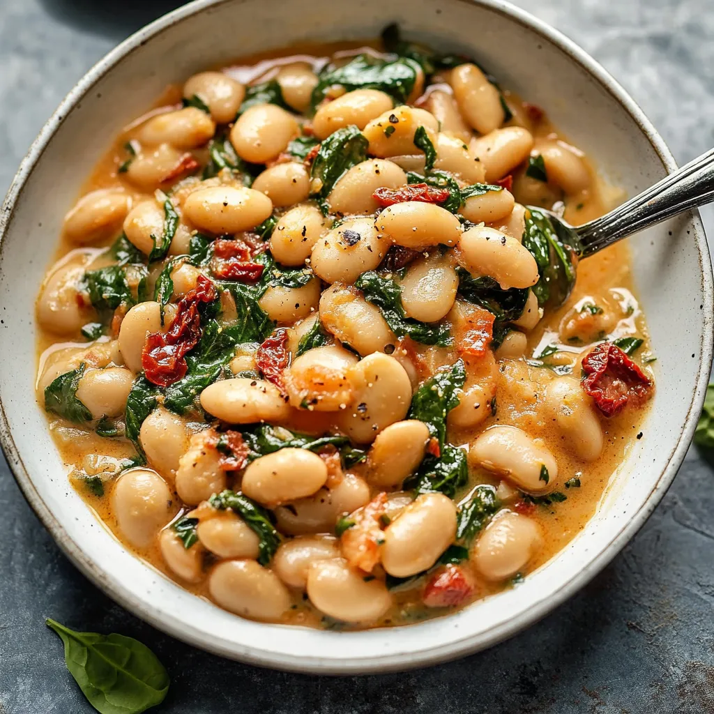 A hearty dish of greens, beans, and tomatoes ready to eat.