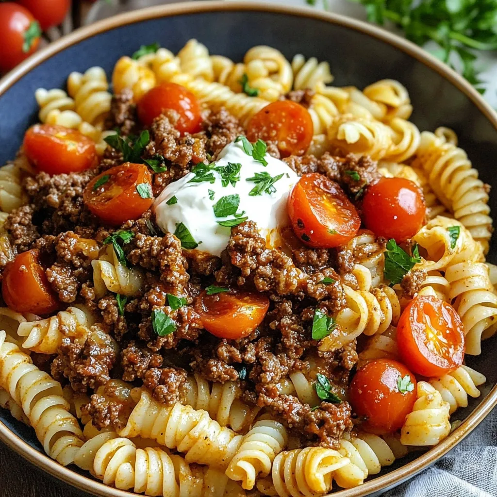 A bowl of pasta topped with ground beef and tomatoes.