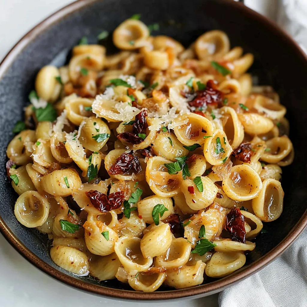 A bowl of creamy pasta with onions and tomatoes.