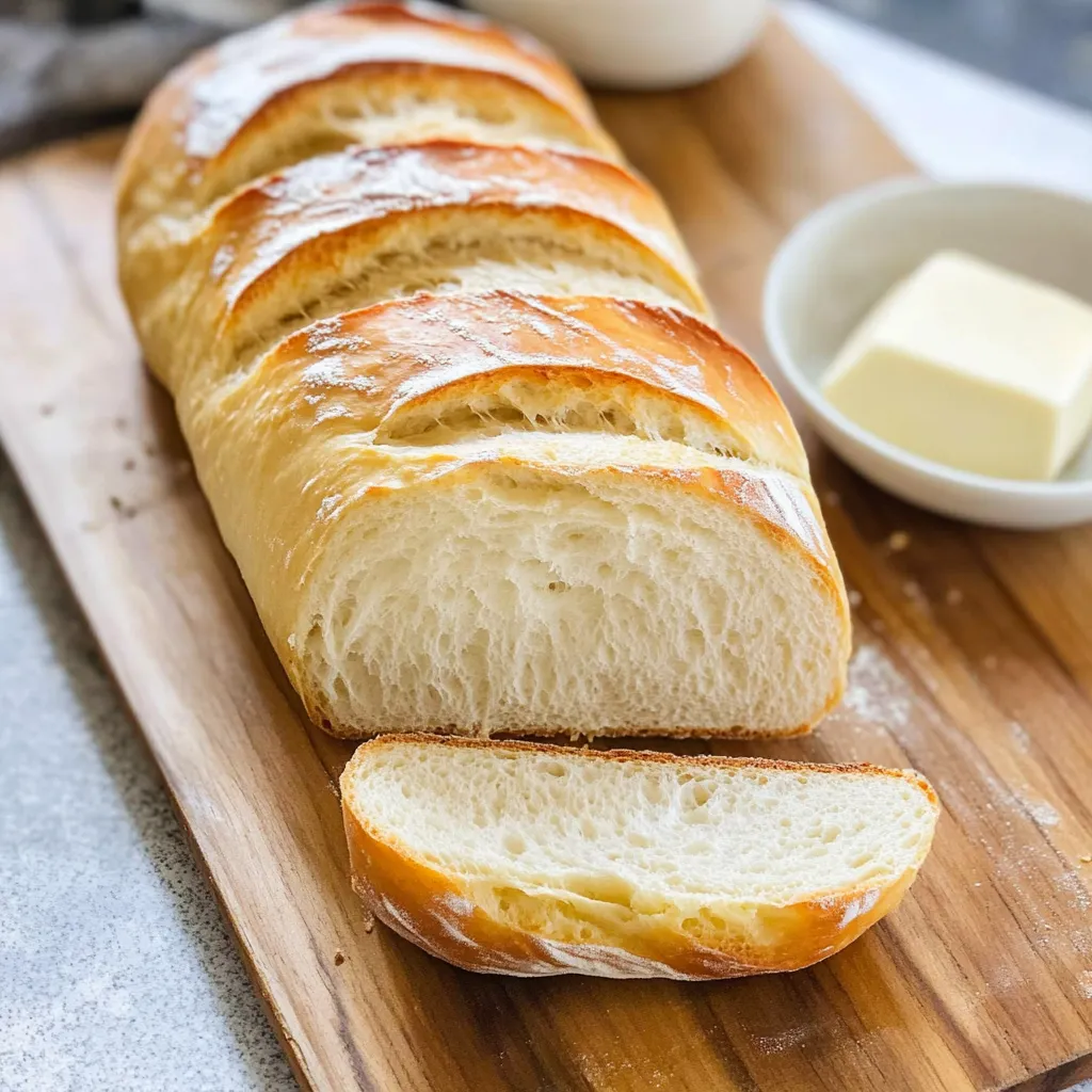 Sliced golden French bread on a table.