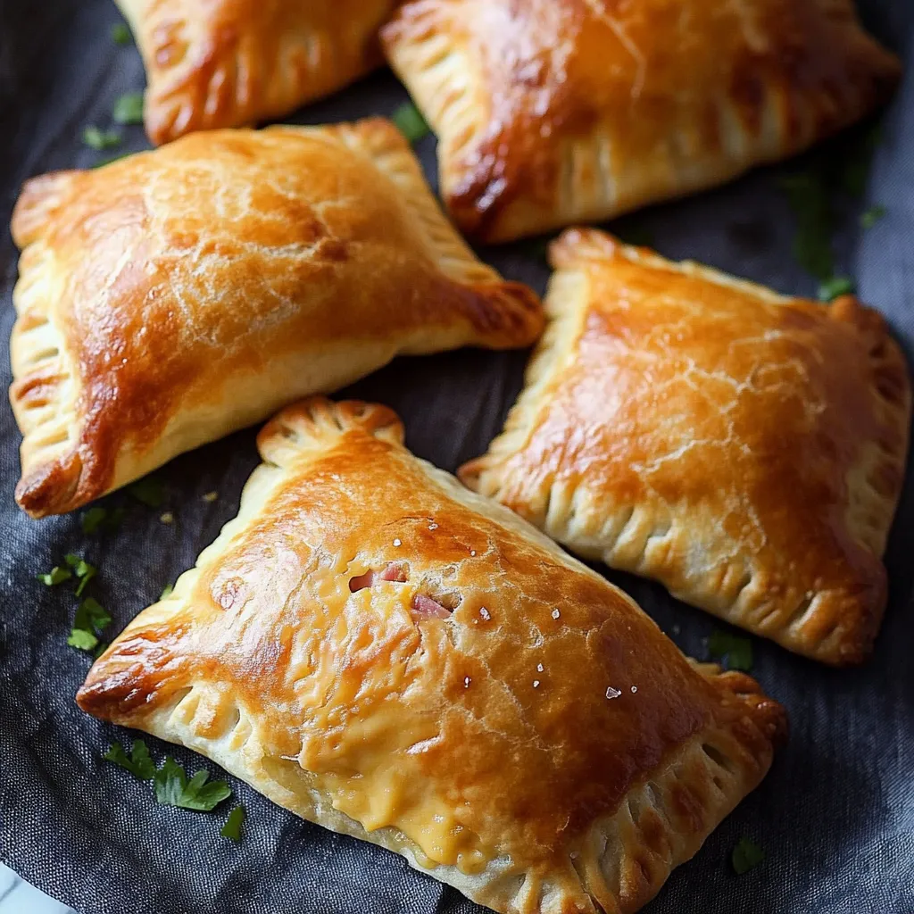 Four golden pastries on a plate over a table.