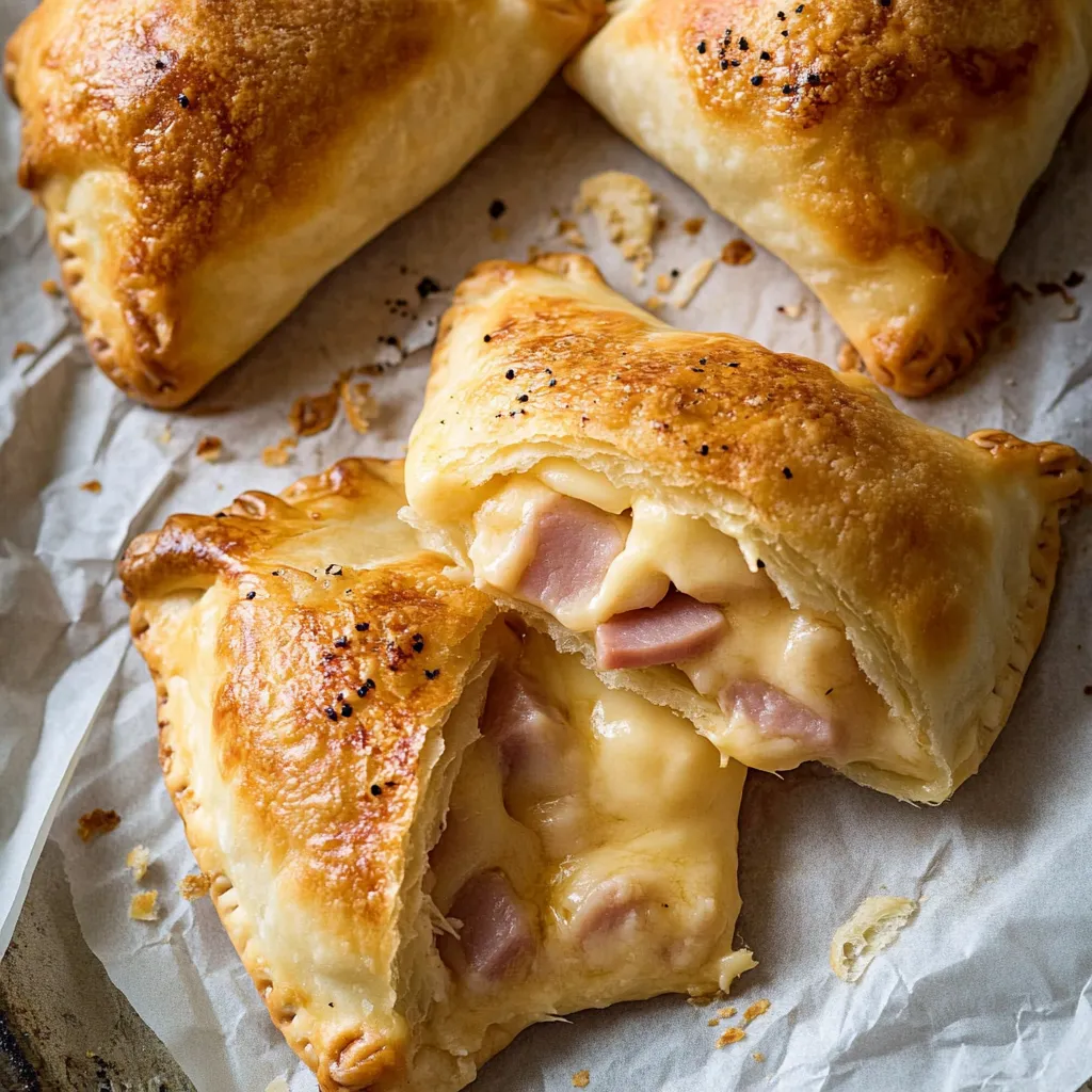 Four pieces of cheese and ham filled pastries on a paper towel.