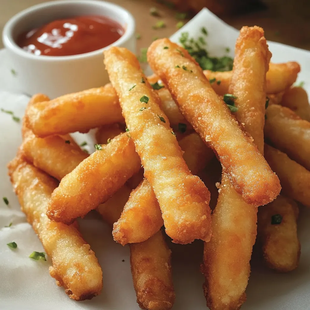 A plate of golden potato sticks with dipping sauces.