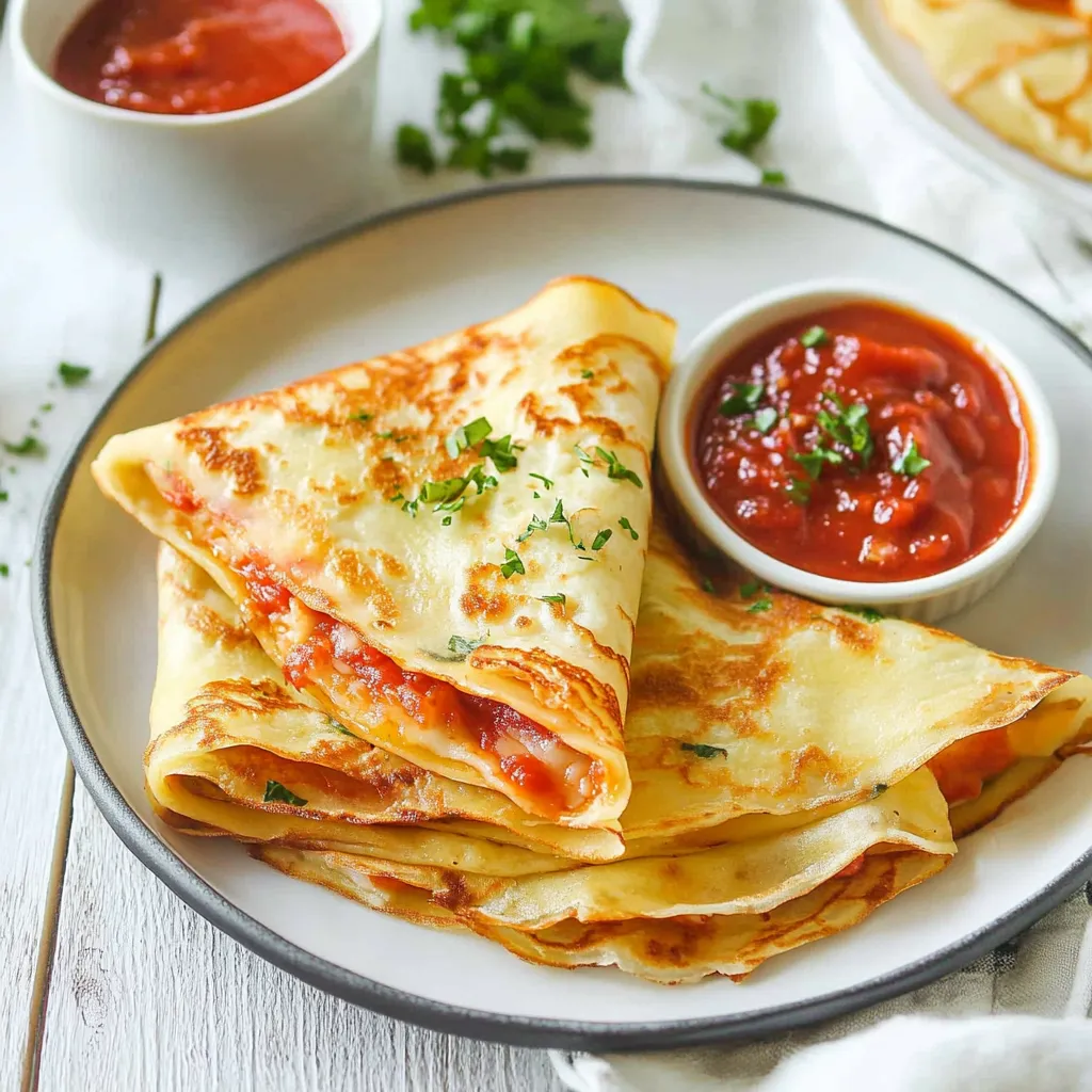 A plate with stuffed crepes and sauce.