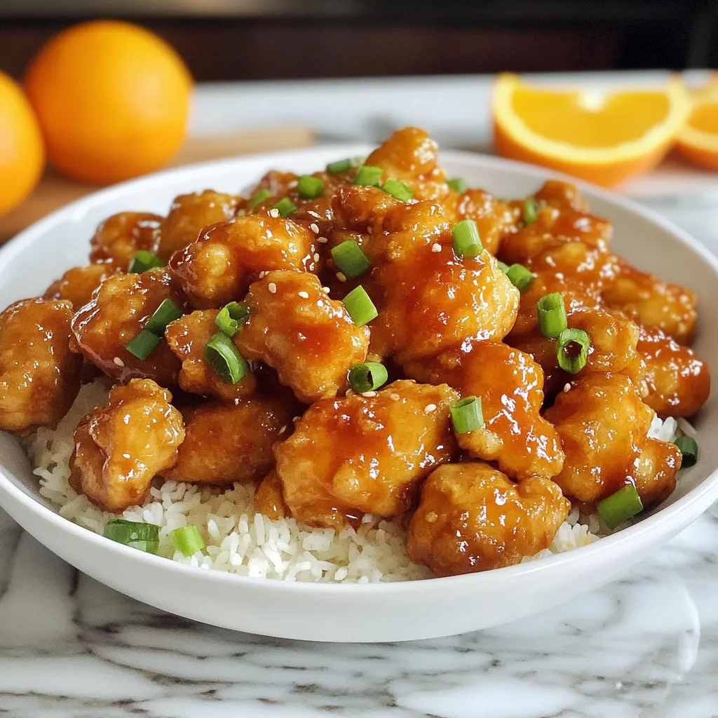 A dish with chicken and rice, plus orange slices on the side.