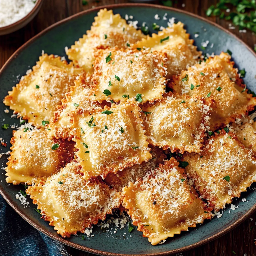 A dish of golden toasted ravioli topped with cheese.