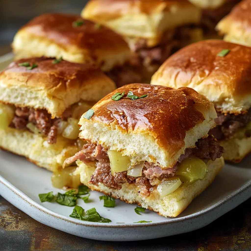 A plate piled with mini sandwiches filled with meat and pickles.