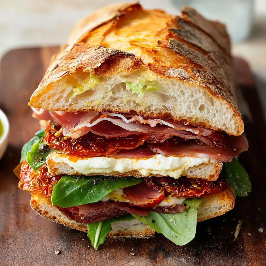 A sandwich with meat, cheese, and lettuce on a wooden table.