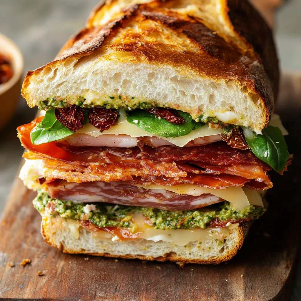 A sandwich with meat, cheese, and greens on a wooden table.