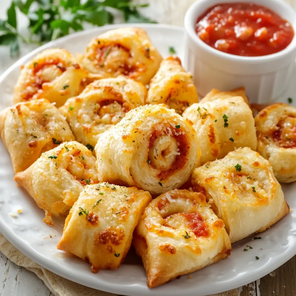 Plated rolls next to marinara sauce.