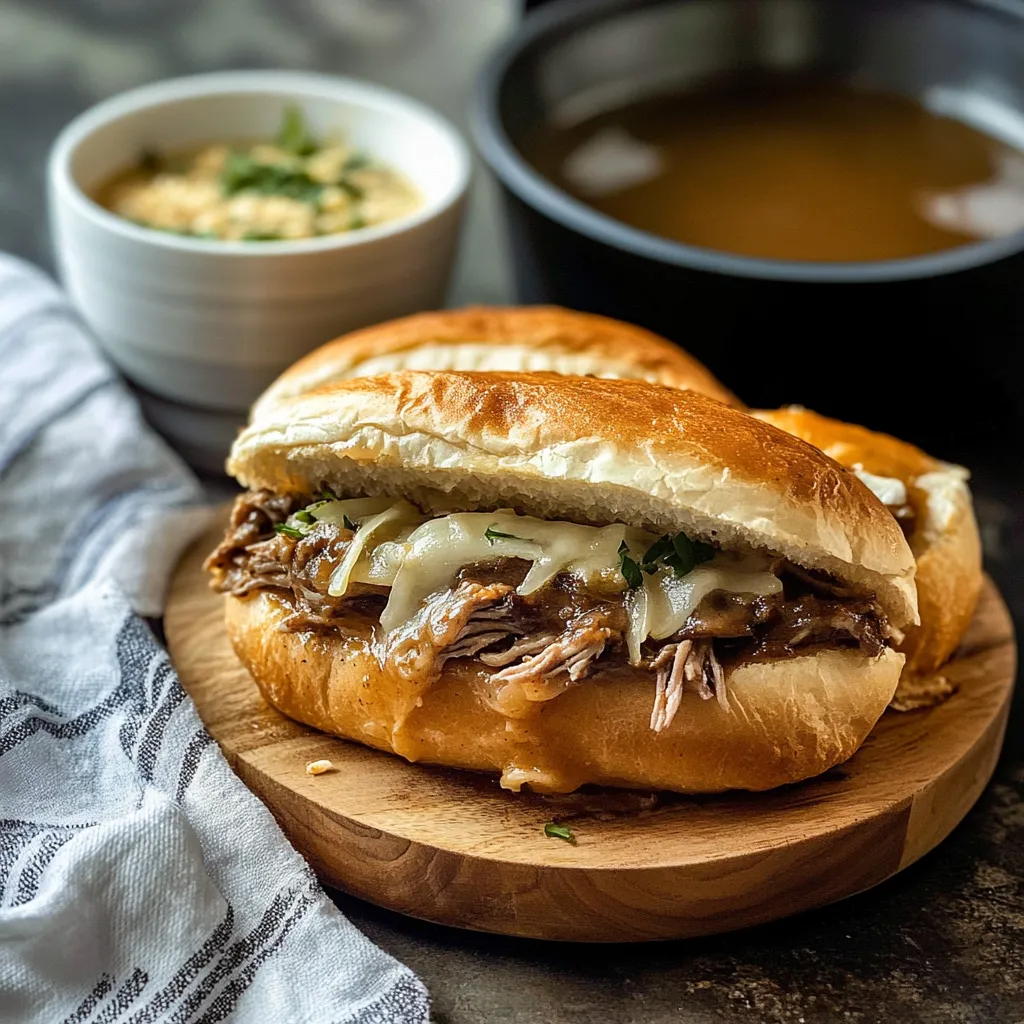 A mouthwatering sandwich with melted cheese and beef on a wooden board.