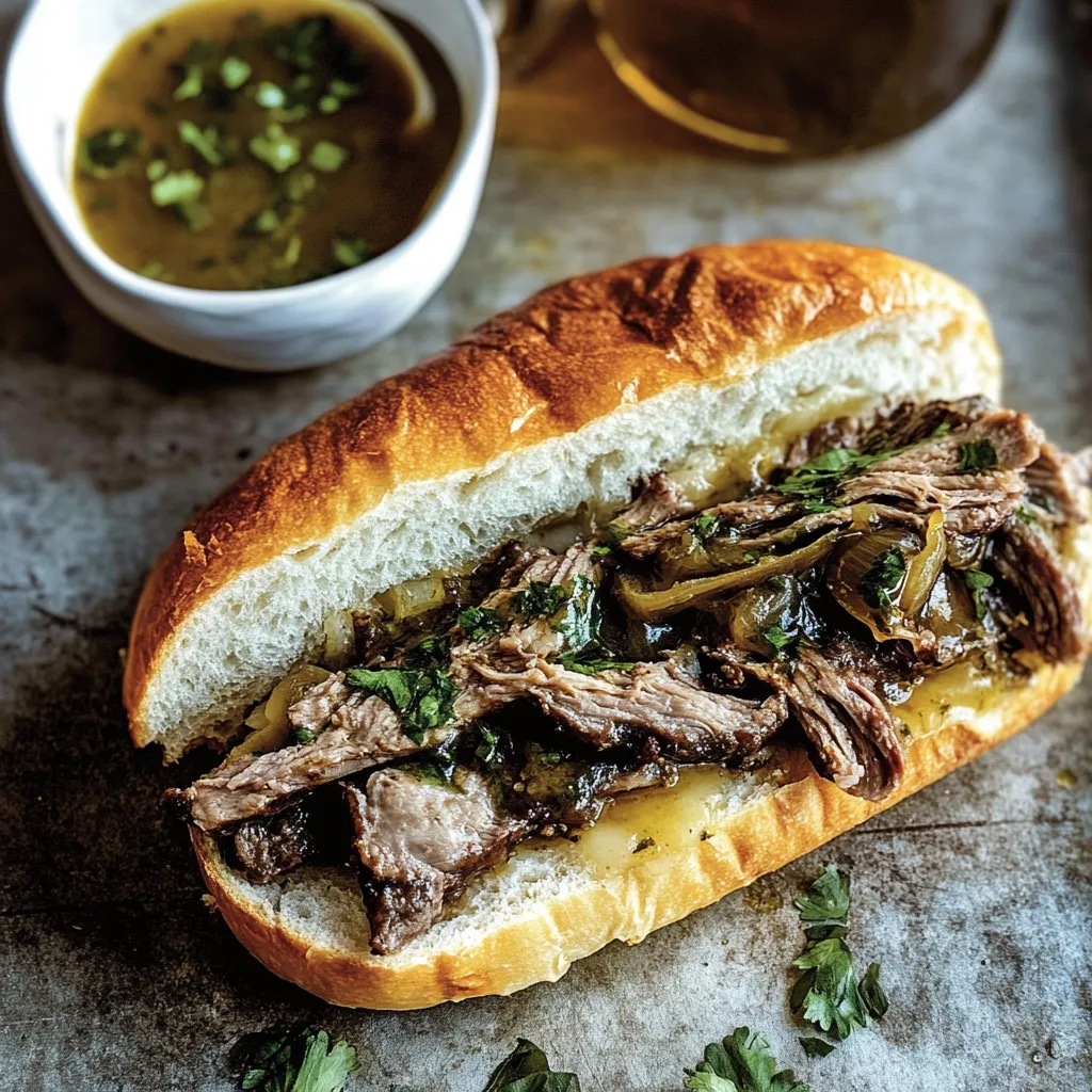 A delicious sandwich with meat and onions on a bun, accompanied by a bowl of soup.