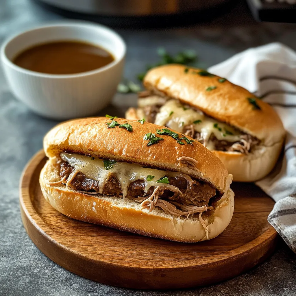 Two sandwiches with meat and cheese on a wooden cutting board.