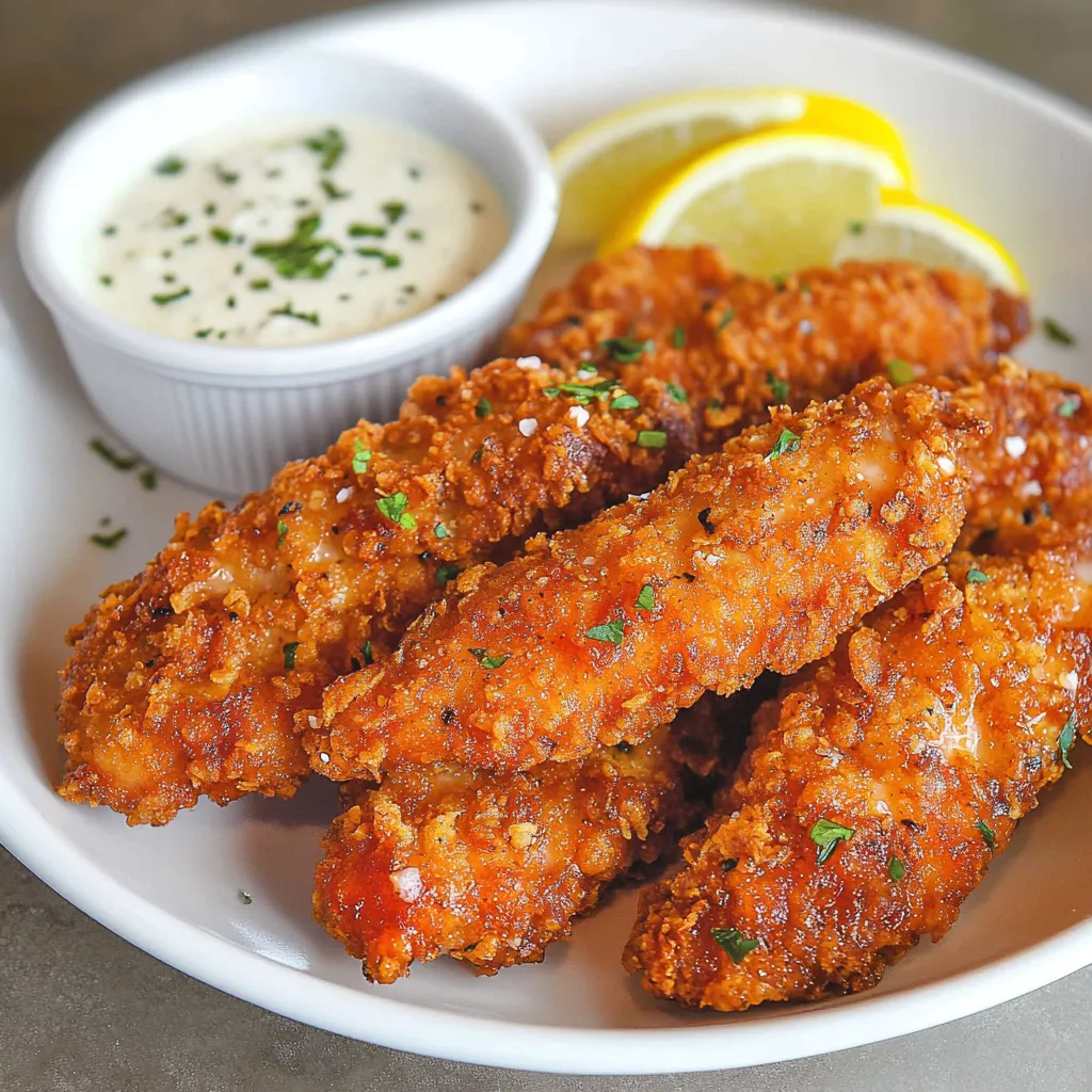 Plate with crispy chicken, dipping sauce, and lemon wedge.