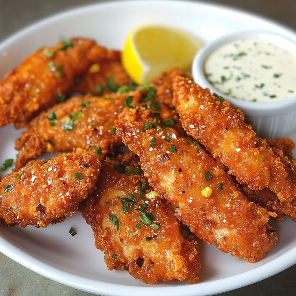 A plate of fried chicken with a lemon wedge and a bowl of dipping sauce.