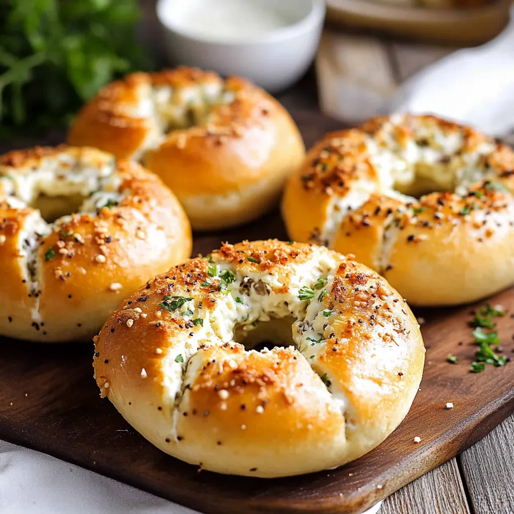 A wooden table featuring plated bagels stuffed with cheese.