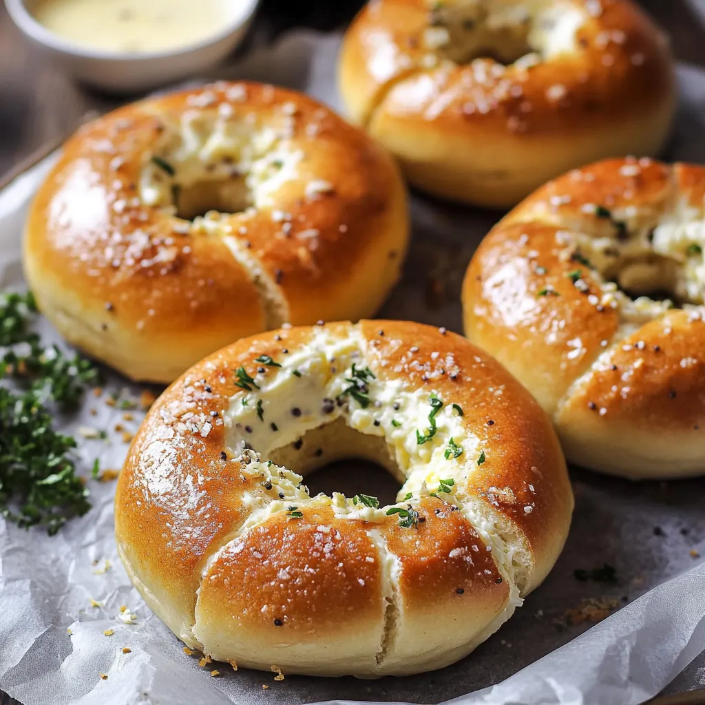 A plate of bagels with cream cheese on top.