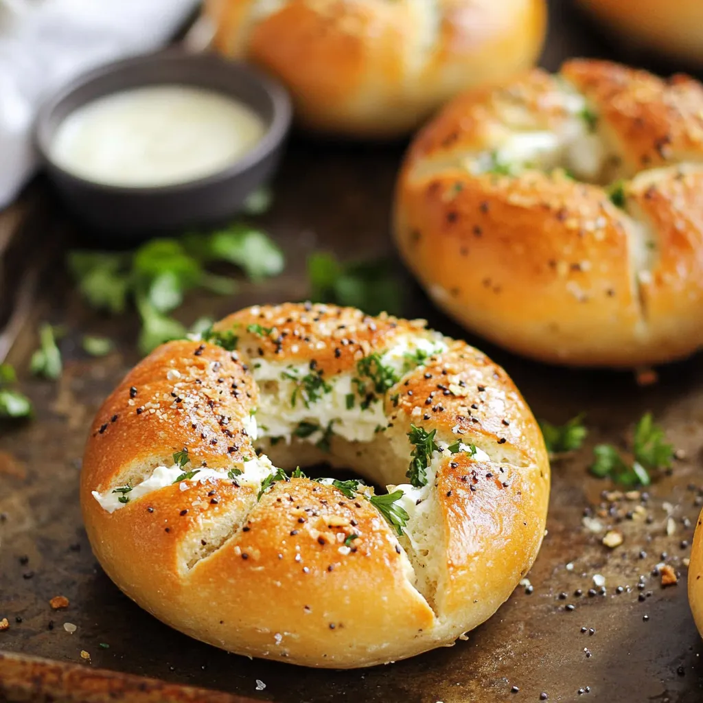 A plate of bagels with cream cheese and herbs on top.