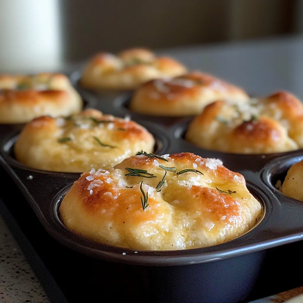 Golden muffins with herbs on top on a tray.