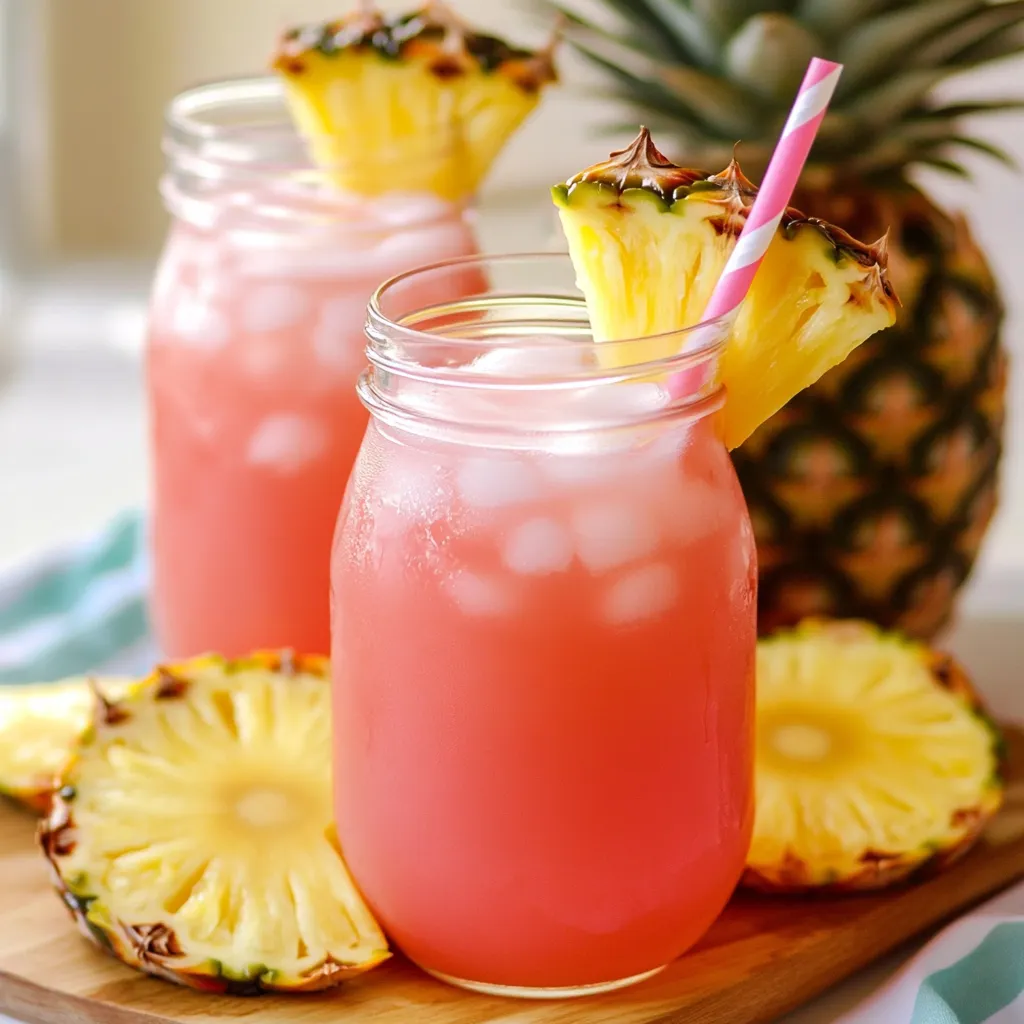 Glasses of pink drink garnished with pineapple slices and ice cubes.