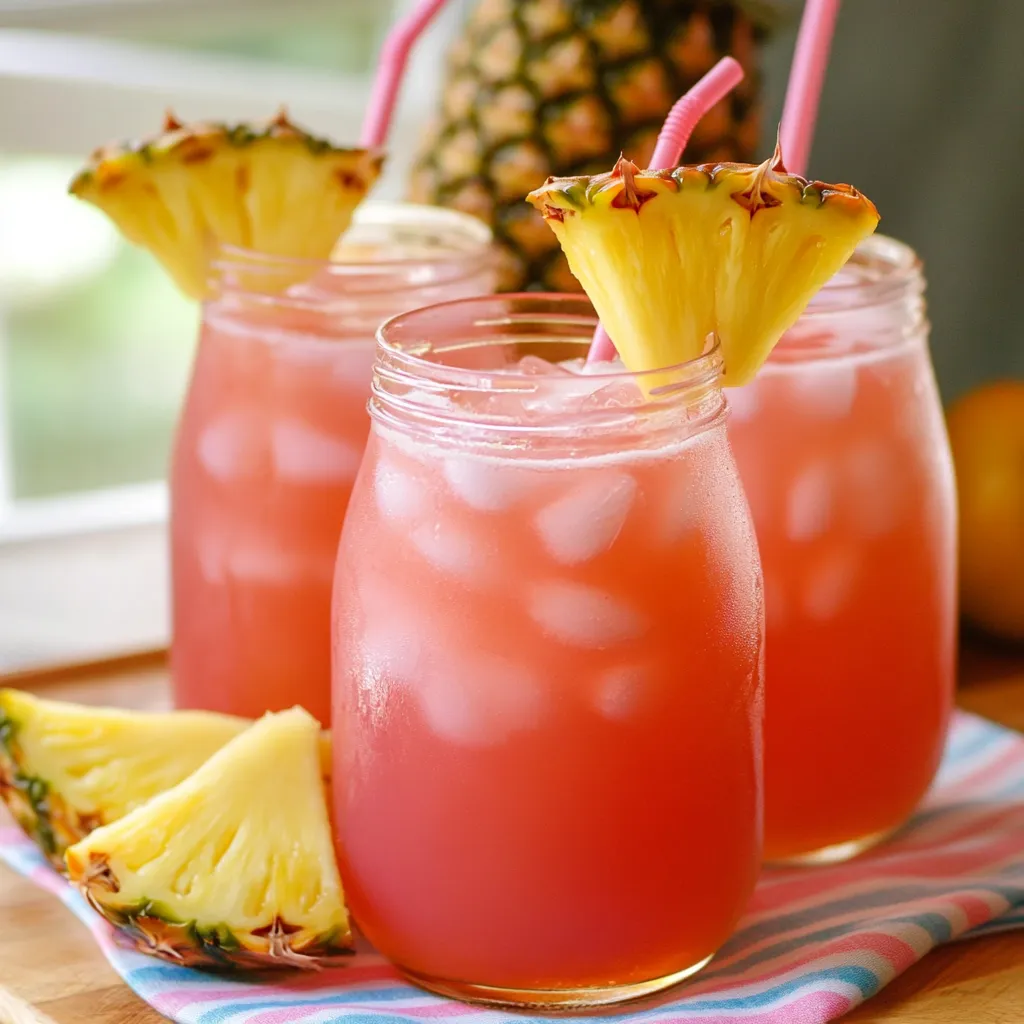 Two glasses of pink drink with pineapple slices in them.
