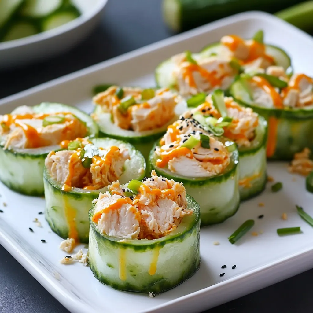 A plate of fresh cucumbers, chicken, and veggies rolled up.