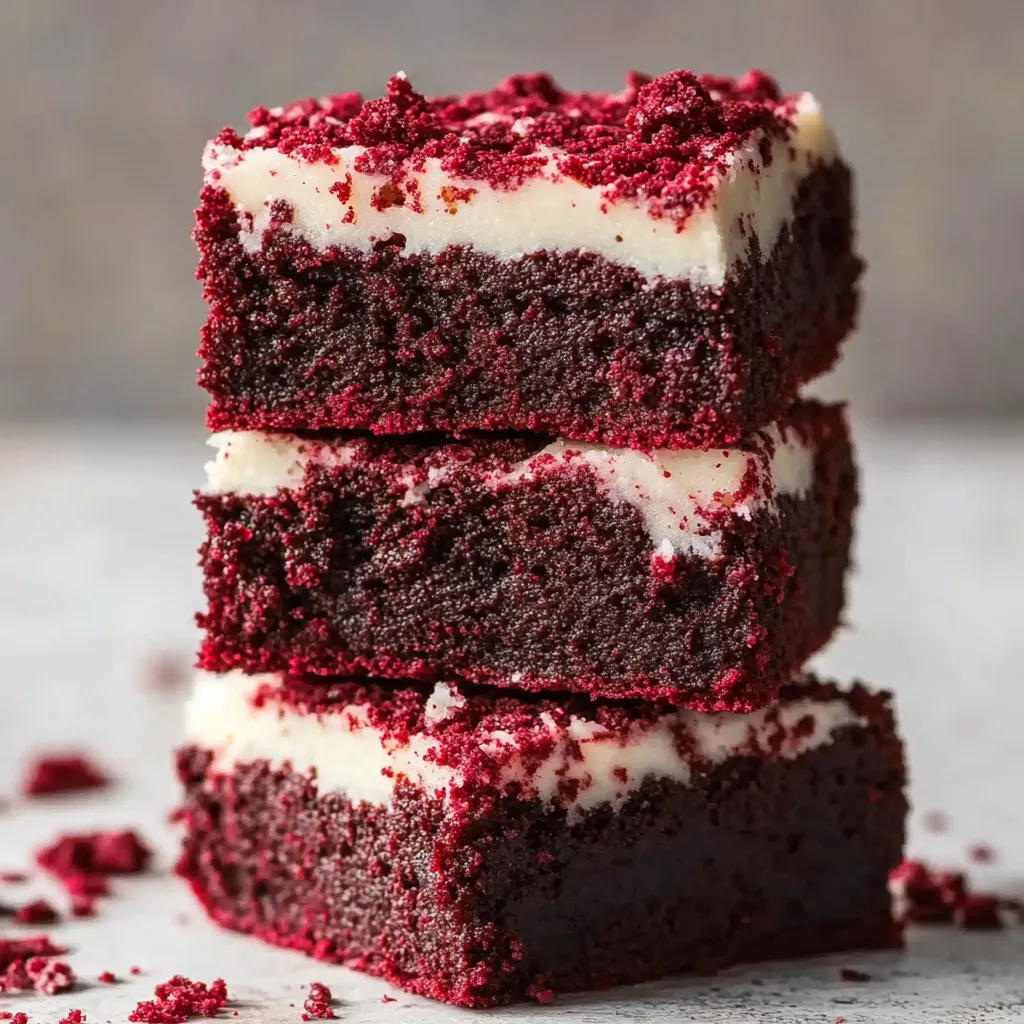 Three layered slices of red velvet brownies.