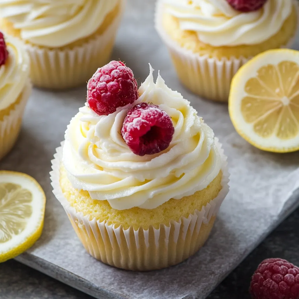 A cupcake with white frosting and a raspberry on top.