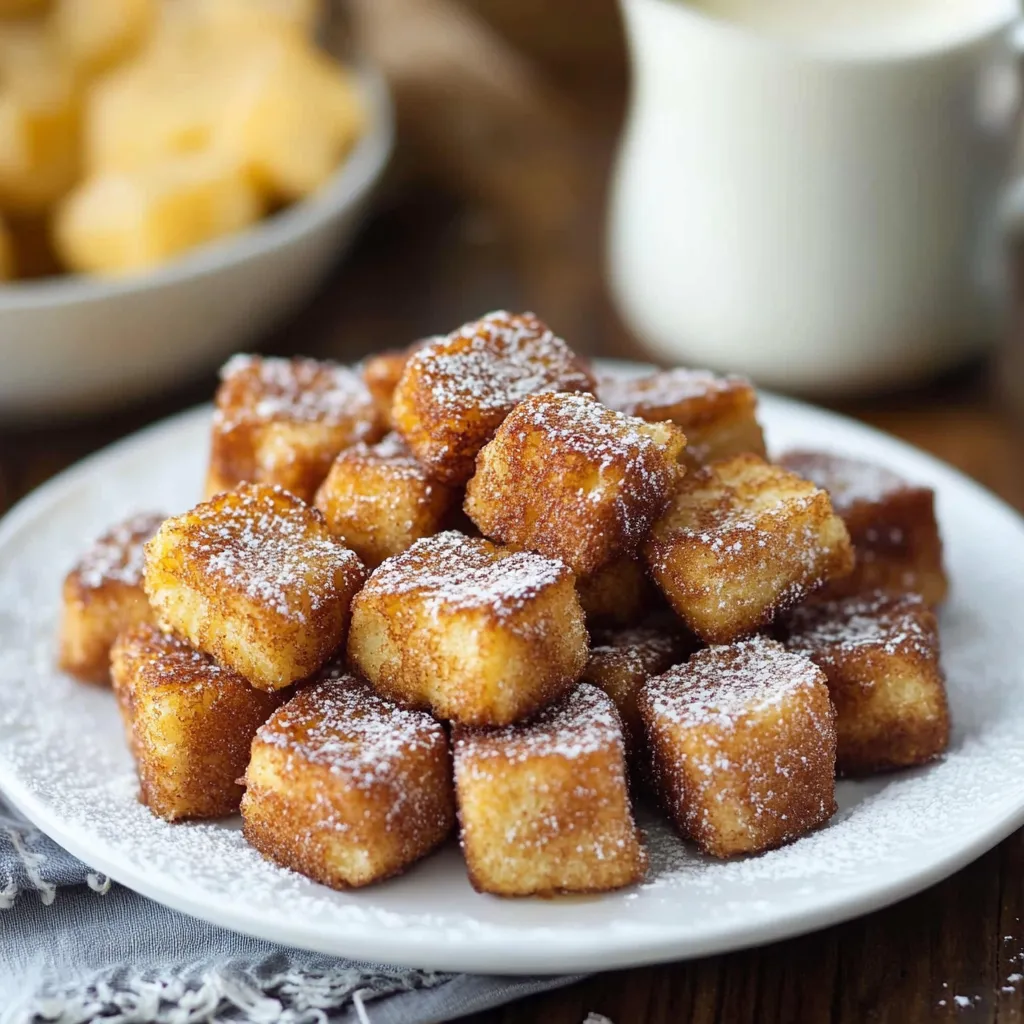 A table with a plate of sweet treats coated in powdered sugar.