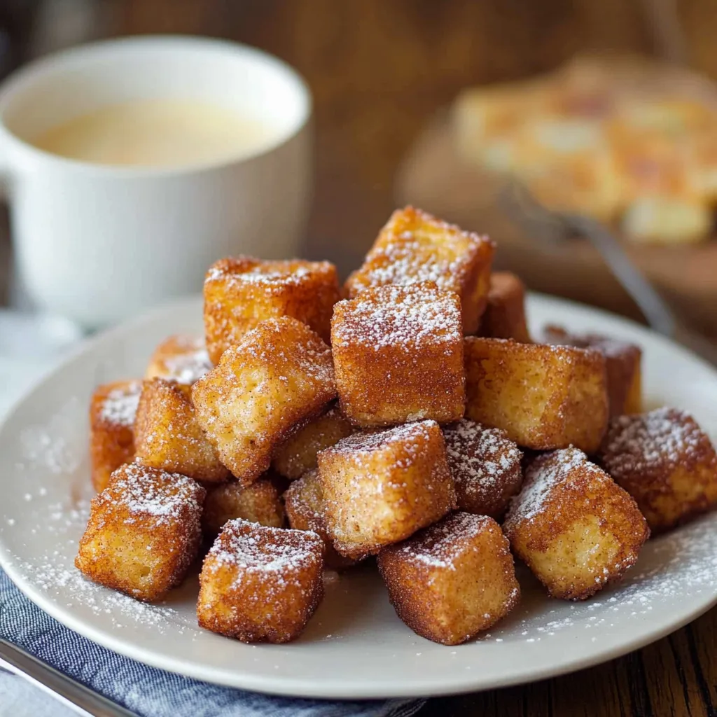 A plate of powdered sugar-coated pastries sits on a table next to a cup of coffee.