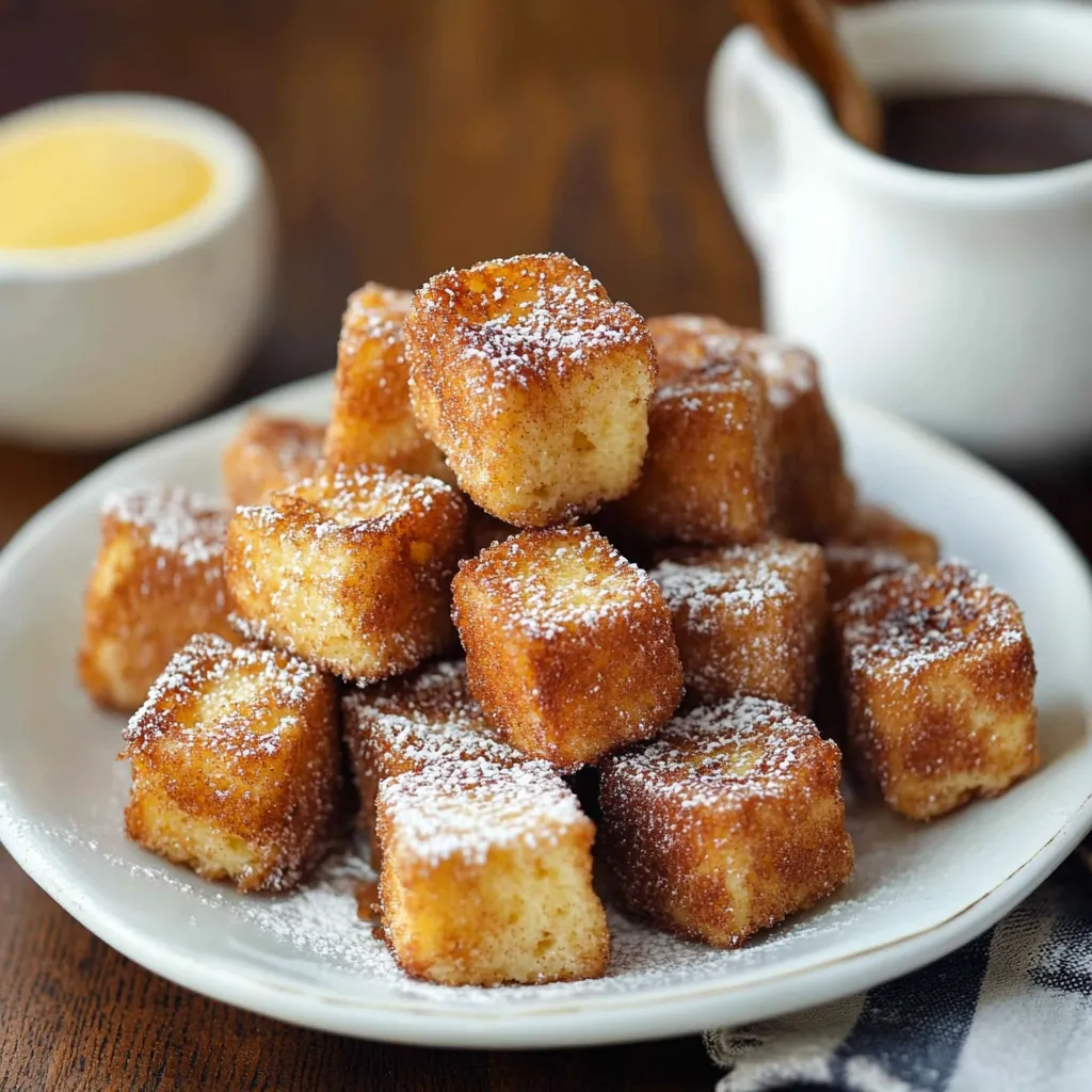 A plate of powdered sugar-covered pastries sits on a table.