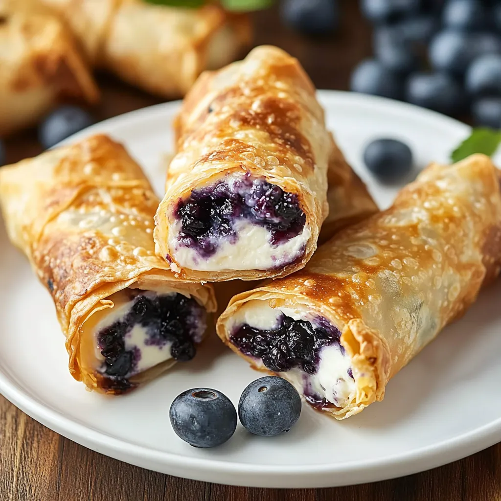 A dish featuring golden egg rolls and fresh blueberries.