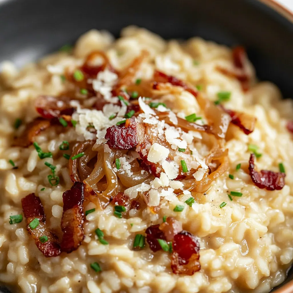 A bowl with creamy rice, topped with bacon and cheese.