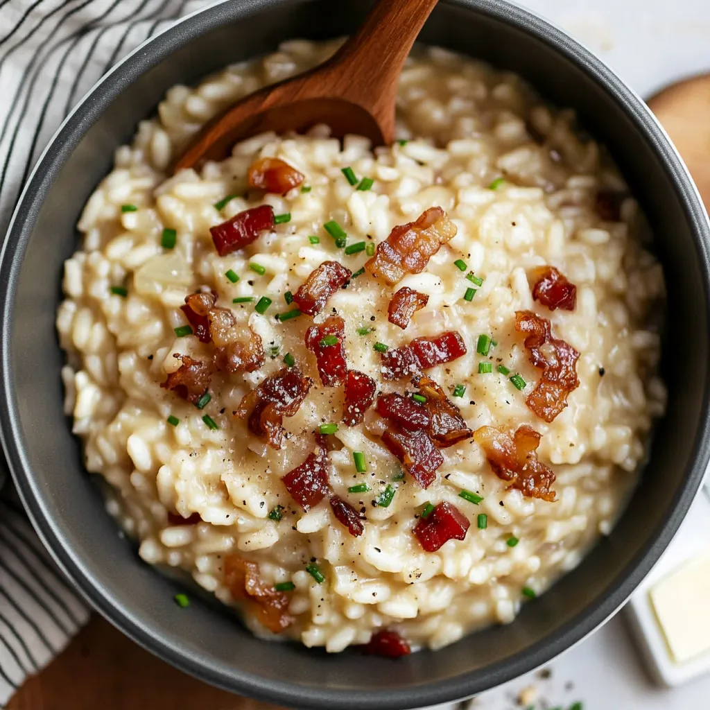 A bowl of rice with bacon and parsley on top.