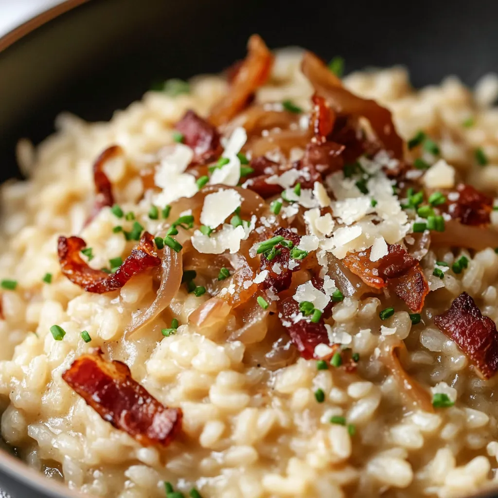 A bowl of rice with bacon and onions on top.