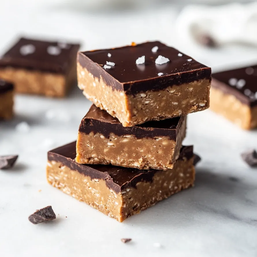 Layers of peanut butter and chocolate stacked neatly.