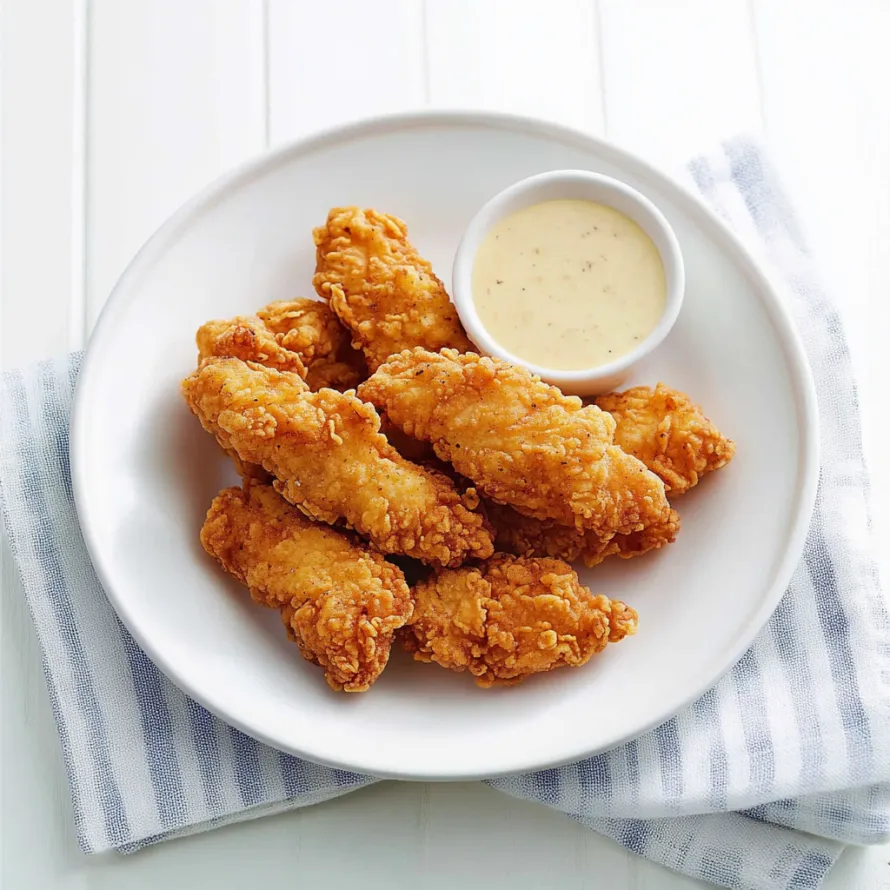 Golden fried chicken served with dipping sauce on a plate.