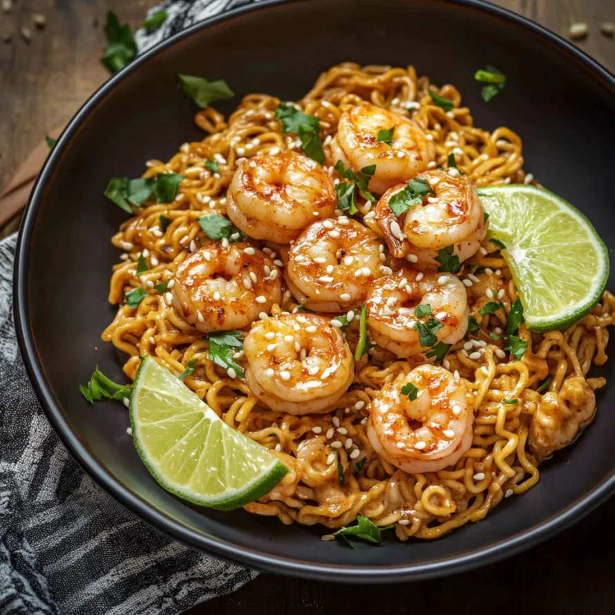 Shrimp and noodle bowl close-up.