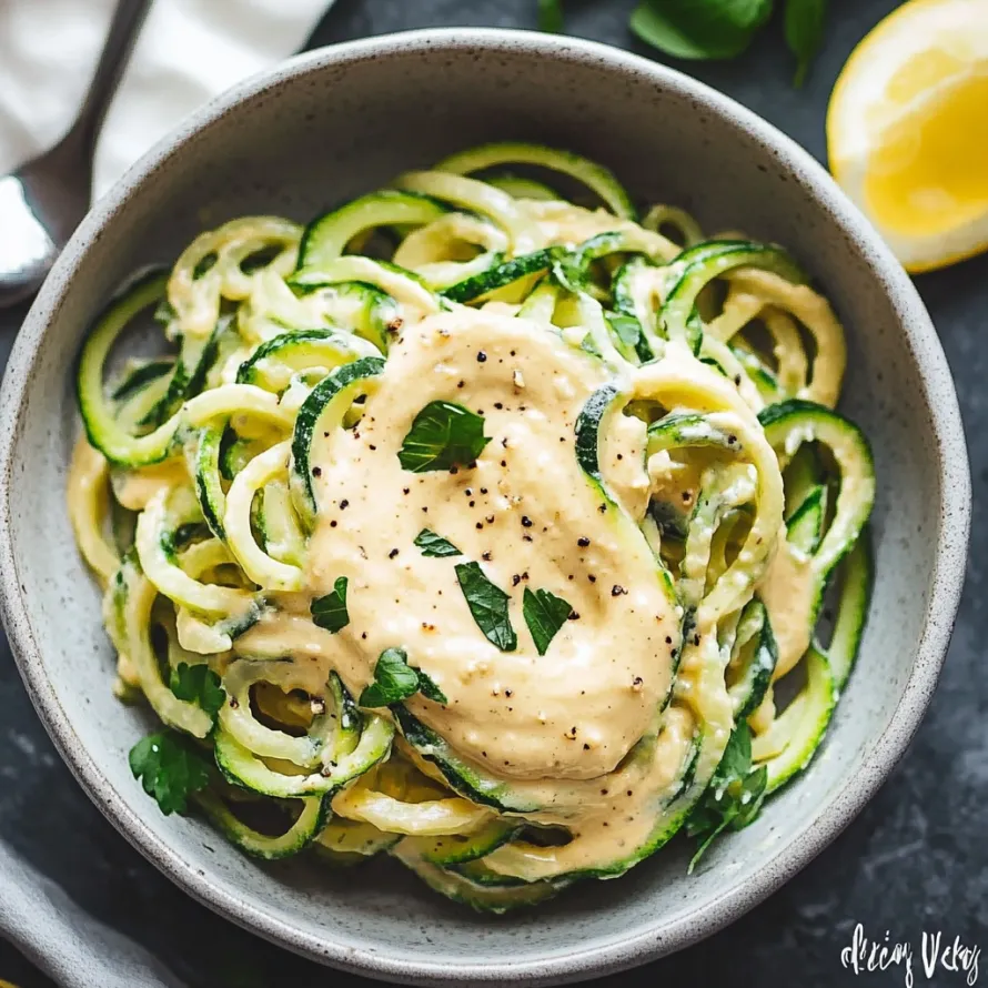 A bowl of zucchini noodles with a creamy sauce.