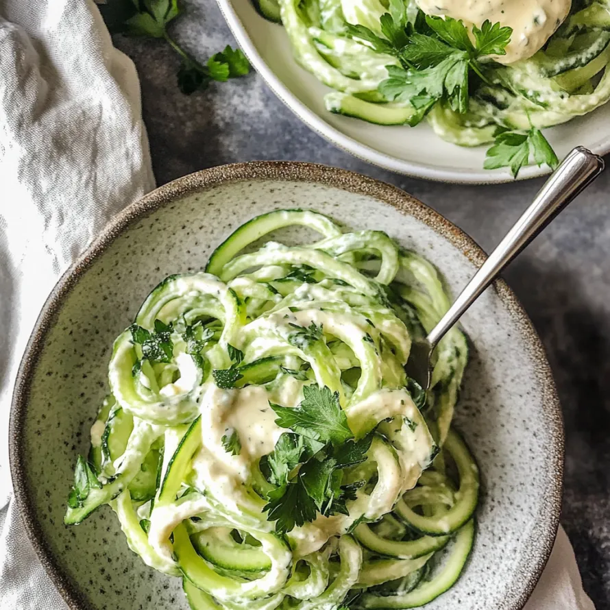 A bowl of zucchini noodles with a dollop of sauce on top.