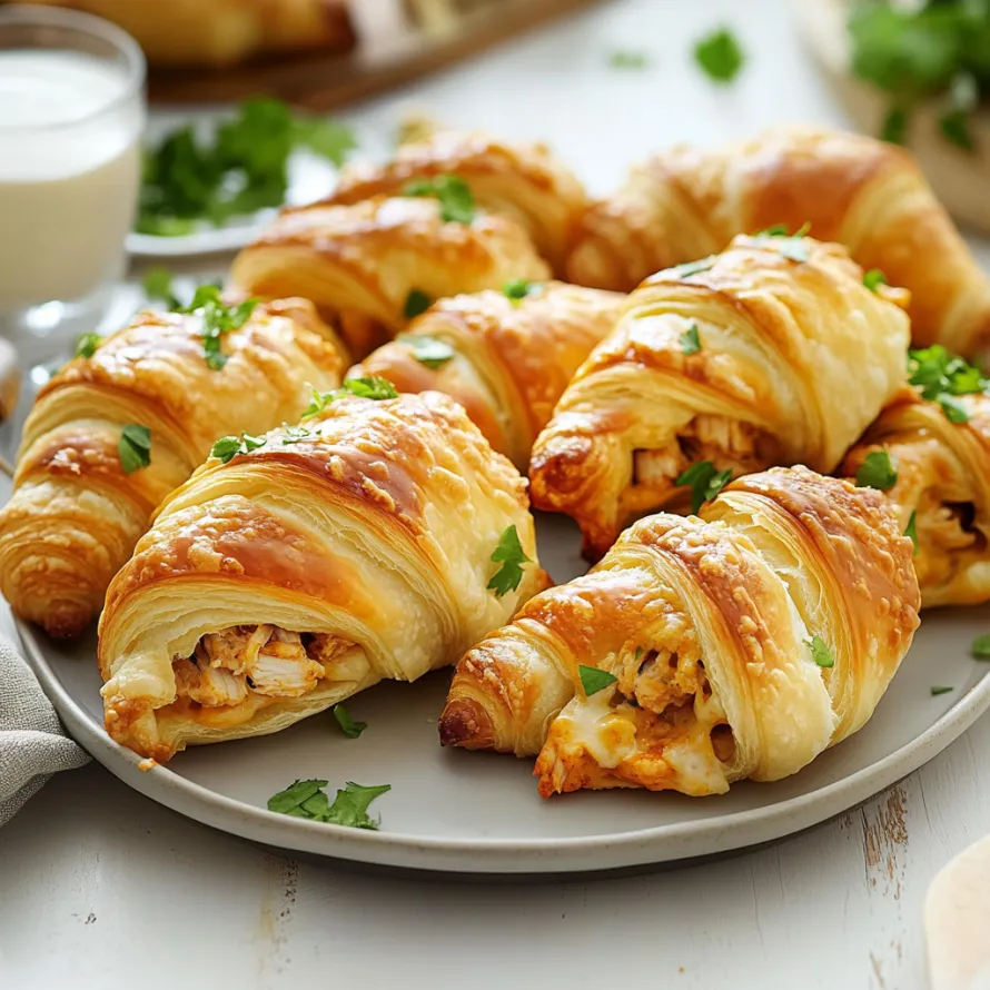 Plate loaded with chicken and cheese croissants.